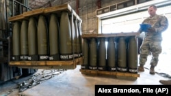 Pallets of 155-millimeter shells bound for Ukraine from the United States are seen in April 2022. Since US support has scaled back, European countries have stepped in to try and keep Ukraine armed in its fight against Russia's invasion.