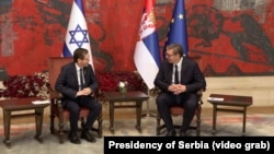 Predsednik Izraela Isak Hercog sa predsednikom Srbije Aleksandrom Vučićem tokom posete Beogradu u septembru 2024. godine. 