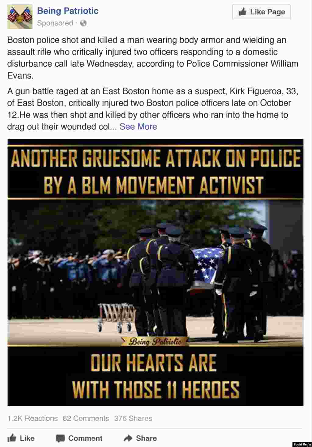 А эта реклама направлена на дискредитацию кампании Black Lives Matter против полицейского насилия. В ней утверждается, что активист BLM убил полицейского. «Еще одно отвратительное нападение», – гласит реклама. 
