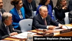 Қазақстан президенті Нұрсұлтан Назарбаев БҰҰ Қауіпсіздік Кеңесінде сөз сөйлеп отыр. 18 қаңтар 2017 жыл.