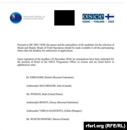 ÝHHG-niň içerki resminamasy Belgiýadan kowlan Dmitri Iordanidini ÝHHG-niň Gazagystandaky edarasyna başlyk wezipesine dalaşgär hökmünde görkezýär.