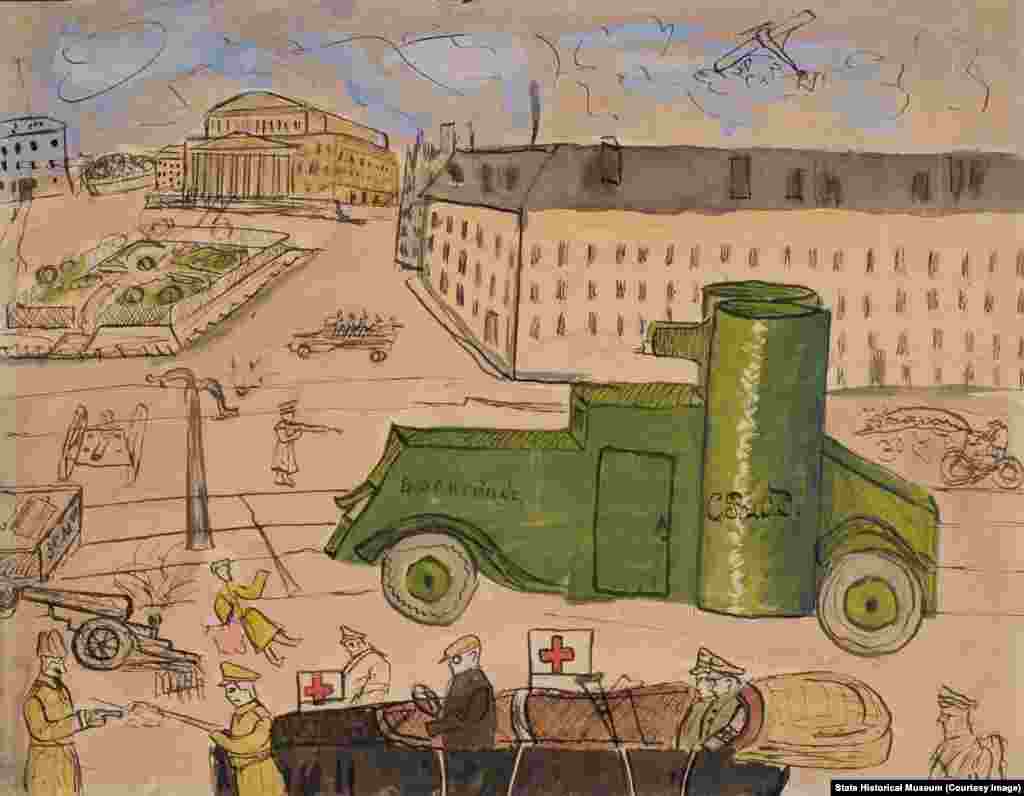 Большинство рисунков остались безымянными – их авторов установить не удалось, как и не нашлось упоминаний в записях самого Воронова. Неизвестный автор. "Бой на Театральной площади". Аббревиатура на броневике расшифровывается как "Совет рабочих и солдатских депутатов".