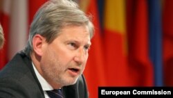 Latvia -- EU Enlargement Commissioner Johannes Hahn attends a summit in Riga, May 20, 2015