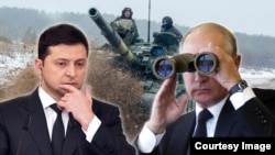 Volodimir Zelenski și Vladimir Putin (colaj)