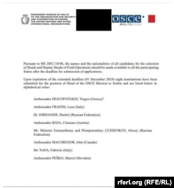 ЕККУнун ички документинде көрсөтүлгөндөй, Бельгиядан чыгарылган Дмитрий Иорданидинин талапкерлиги Сербиядагы миссиясынын жетекчилигине сунушталды.